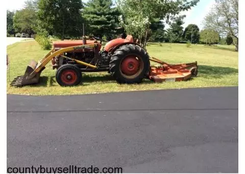 Massey ferguson tractor, bush hog, front end loader, and grader blade